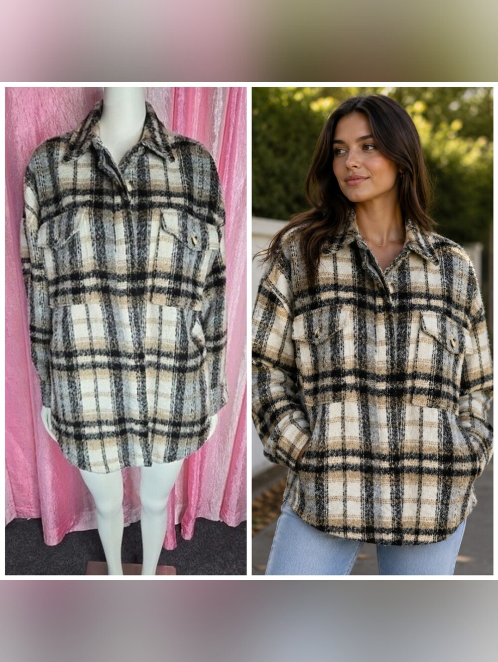 Good American Neutral Plaid Wool Heavyweight Shacket Jacket Size Small Medium